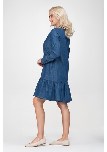 Bold & Young Kadın Cepli Kol Britli Etek Ucu Büzgülü Katlanır Kol Gömlek Elbise İndigo