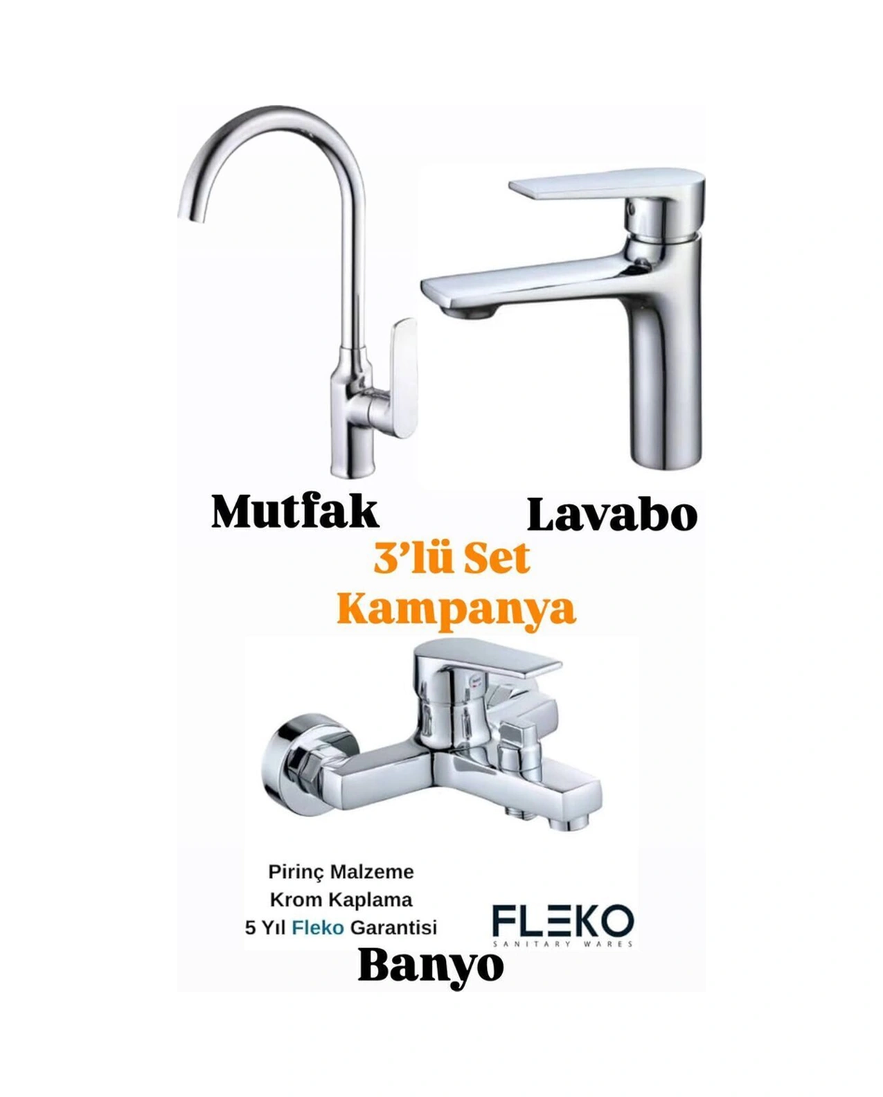 Boheme Fleko Alfa 3'lü Set Banyo, Mutfak, Lavabo Bataryası Krom