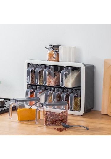 Porsima 1118 12li Standlı Kaşıklı Kapaklı Baharatlık Seti Antrasi Antrasit - Beyaz