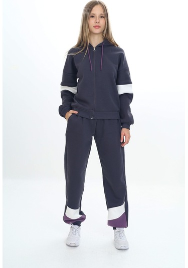Toontoy Kız Çocuk Kapüşonlu Fermuarlı Garni Detaylı Eşofman Takım Füme