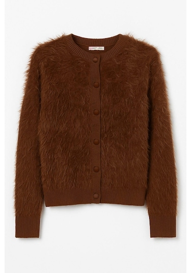 6897 Kadın Uzun Sakallı Bant Detaylı Triko Hırka Kahve Kahve