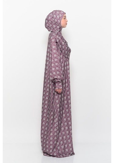 Pratik Tek Parça Güneş Desenli Kollu Tak Çıkar Başörtülü Likralı Tesettür Namaz Elbisesi 990-0302 Bordo Antrasit