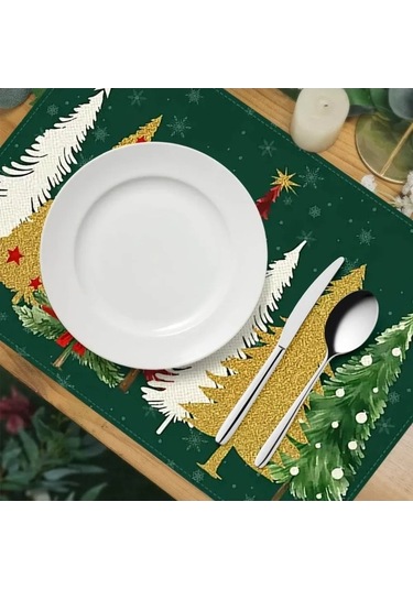 Pazly Şık 4 Parça Keten Masa Örtüsü Seti - 30x45cm, Dekoratif Yeşil, Festif Hava Kat Yeşil