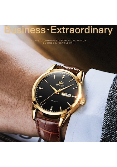 Olevs 6898 Erkekler Moda Su Geçirmez Çift Takvim Kuvars İzle Siyah