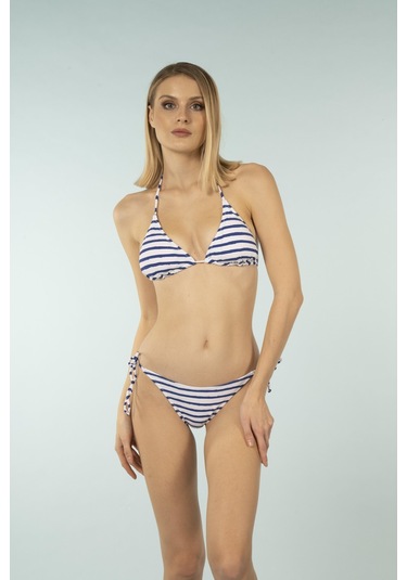 Estiva Parlak Üçgen İpli Bikini Takımı - Lacivert Çizgili