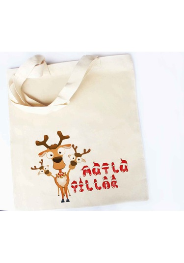 Ham Bez Çanta Yılbaşı Baskılı Üç Başlı Geyik