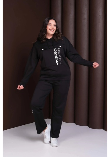 Kapüşonlu Crazy Baskılı Alt-üst Takım Siyah