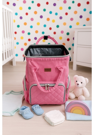 Newfull Anne Bebek Bakım Sırt Çantası-biberon Termos Gözlü Pembe