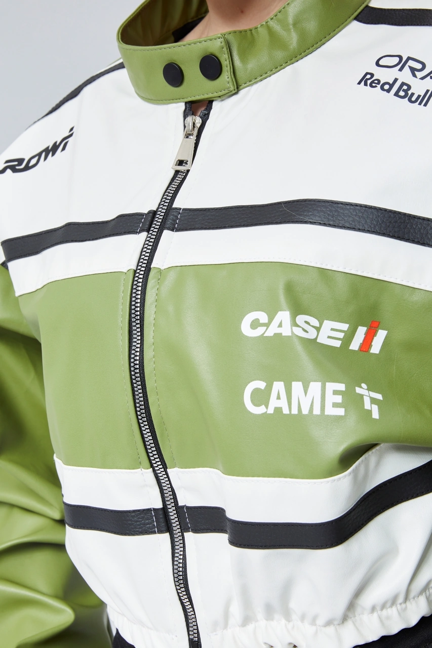 Kadın Deri Baskılı Şeritli Ceket Beli Ve Kolu Lastikli Kolej Hakim Yaka Bomber Yarışçı Motorcu Mont Yeşil