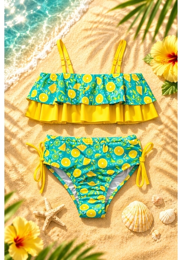 Beniizle Desenli Kız Çocuk Bikini Takımı Yeşil