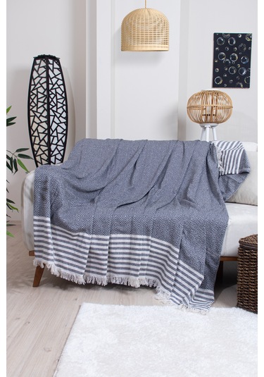 Pamuklu Püsküllü Elmas Desenli Koltuk Örtüsü 170x210 Cm Dekoratif Kanepe, Yatak Ve Tv Örtüsü Siyah