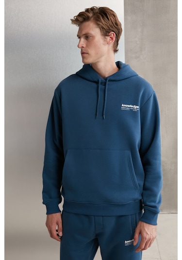 Grimelange Martel Erkek Yumuşacık Içi Polarlı Baskılı Regular Kordonlu Mavi Sweatshirt