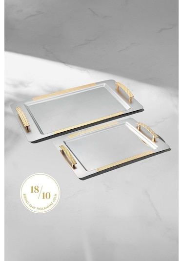 Nehir Sırma Sade Altın 2 Li Paslanmaz Çelik Tepsi Çay Kahve Tepsisi - Servis Tepsisi Gümüş