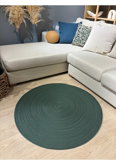 Jüt Yuvarlak Hasır Görünümlü Klasik Halı Kilim Yeşil