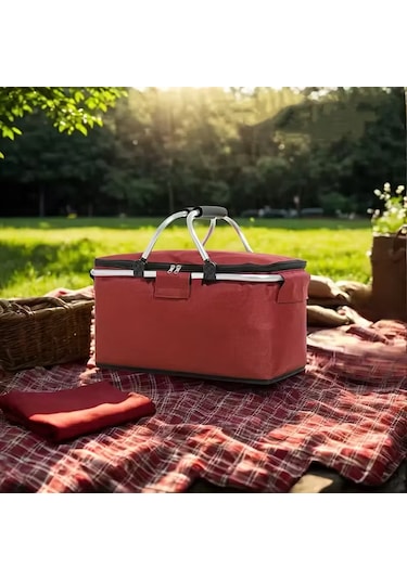 Alüminyum Çerçeveli Yalıtımlı Piknik Çantası Saklama Sepeti Kırmızı