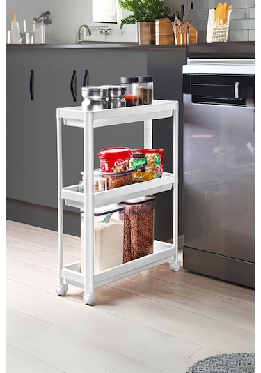 3 Katlı Tekerlekli Beyaz Mutfak Rafı, Kitaplık, Düzenleyici Açık Beyaz