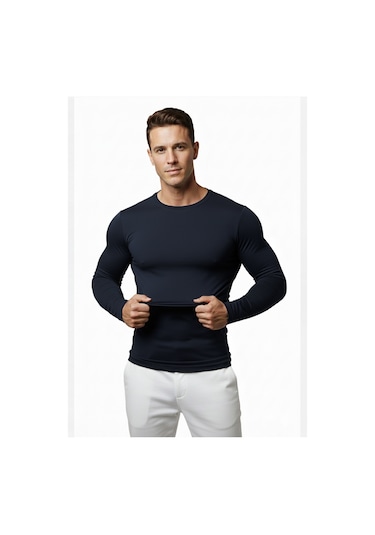 Deepsea Erkek Lacivert Uzun Kollu Dar Kalıp Ince Sıfır Yaka Sweatshirt 2300423 False Lacivert