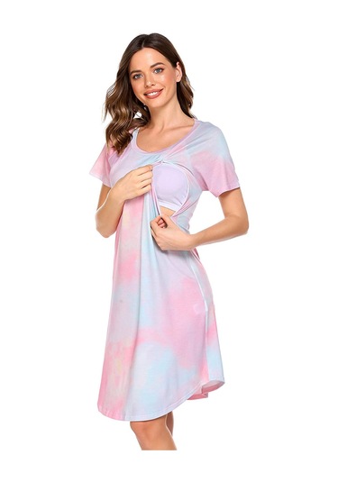 Mufunye Xl Pembe Kadın Emzirme Elbise - Hamile İçin Rahat Pijama,扎染 Desenli Günlük Giyim, Kaliteli Kumaş, Stokta Var