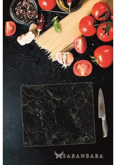 Dekoratif Cam Kesme Tahtası Siyah Mermer 29 X 34 Cm Cam Kesme T
