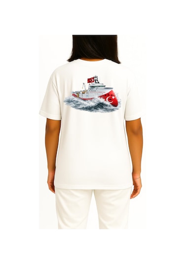 Bahriyeli Collection Oversize Rv Barbaros Hayreddin Paşa Dalgalar Arası Göğüs Ve Sırt Baskılı Unisex T-shirt Beyaz