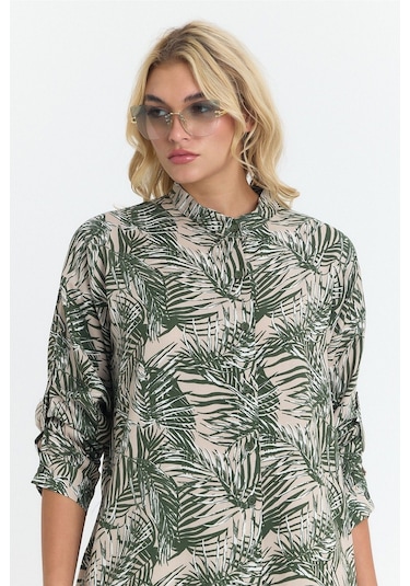 Schık Kadın Viskon Rahat Bol Paça Truvakar Kol Önü Düğme Baskılı Takım Haki