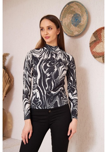 Siyah Zebra Baskılı Uzun Kollu Bluz DM1019 Siyah