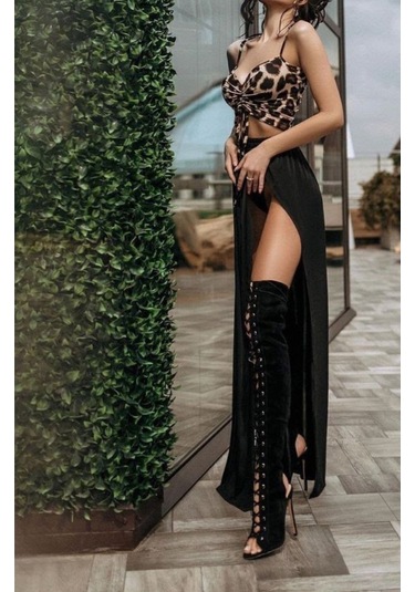 Parti Elbise Leopar Ve Siyah Kombinli Uzun Yırtmaçlı Göğüs Kısmı Bağcıklı Leopar Siyah