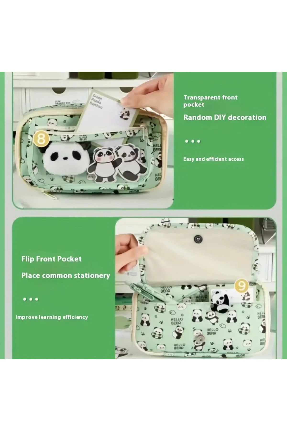 2025 Yeni - Panda Kalem Kutusu Peluş Bir Broş+ Bebek+5 Det Stickers+2 Klip Yeşil