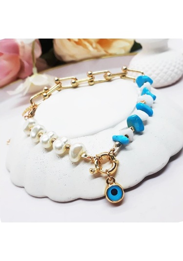 Altın Kaplama Nazar Boncuğu KadınTurkuaz & Sedef Doğal Taş Halhal Çok Renkli
