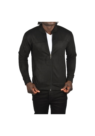 Deepsea Erkek Siyah Dar Kesim Likralı Fermuarlı Süet Kumaş Ceket İnce Mont 2504334 Siyah