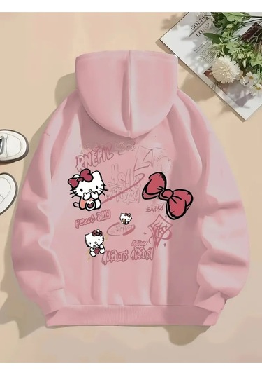 Kışlık Kapüşonlu Sweatshirt, Çocuk Hello Kitty Sırt Baskılı Pembe