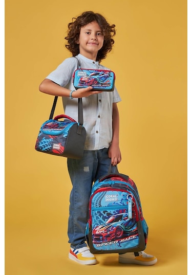Coral High Kids Gri Mavi Yarış Arabası Desenli 3 Lü Okul Çanta Seti Set0123652