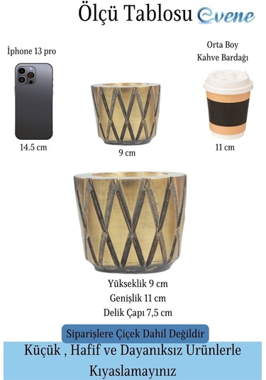 Saksı Çiçek Kaktüs Saksısı Lüx 11 Cm Altın Eskitme Varak Boyalı Baklava Desen Saksı Çiçeklik - Altın Eskitme