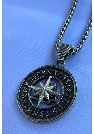 Pusula Viking Run El İşçiliği Paslanmaz Çelik Zincir Erkek Kolye Gümüş