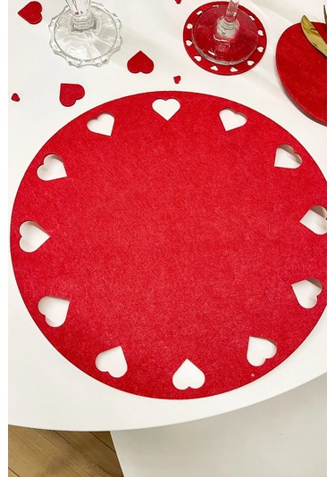 Çiftler İçin Sevgililer Günü, Özel Gün Kalp Desenli Keçe Supla Seti - Romantik Set Kırmızı