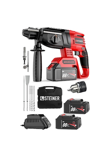 Steiner 88V 5Ah Çift Akülü Darbeli Kırıcı Delici Matkap Kırmızı + Mandren + 5 Parça Uç