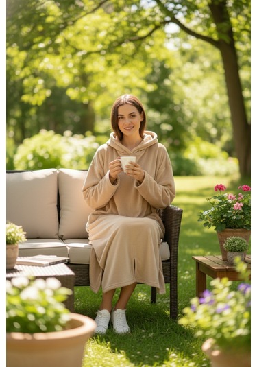 Serona Wellsoft Peluş Kapüşonlu Uzun Panço Yumuşak Dokulu Giyilebilir Tv Battaniyesi Bej S/m Bej