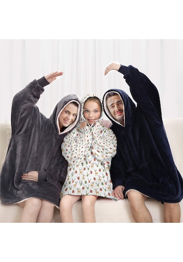 Noel Temalı 6-13 Yaş Çocuk Giyilebilir Battaniye Hoodie, Kalın Peluş, Büyük Boy Krem - Pembe