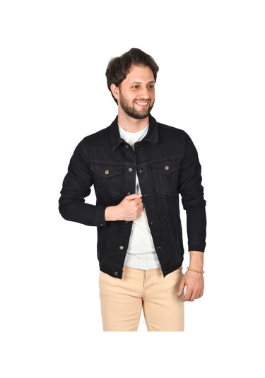 Deepsea Erkek Lacivert Slim Fit Likralı Kot Ceket Jean Ceket 2201007 False Lacivert