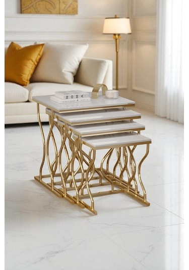 Arden Elite 4'lü Kare Zigon Sehpa Seti Gold Ayak, Krem Mdf Beyaz