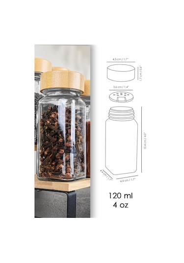 12 Li Bambu Kapaklı Kare Formlu Cam Baharatlık Seti 120ml 16 Adet Etiket Hediye Bambu