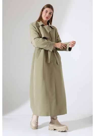 Amazon Keten Kumaş Uzun Boy Düğmeli Astarlı Yumuşak Dokulu Trenç Kot Mint Yeşil Mint Yeşili