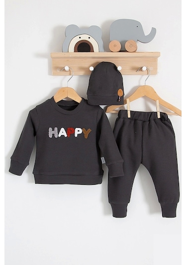 Babydonat Happy Nakışlı 2'li Pamuklu Erkek Bebek Takım Siyah