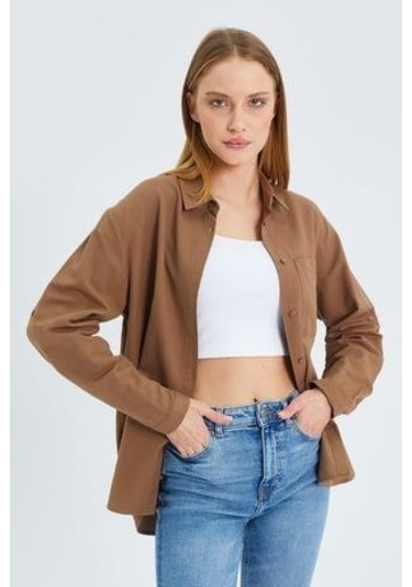 9942 Kadın Oxford Uzun Kol Basic Gömlek Vizon Vizon