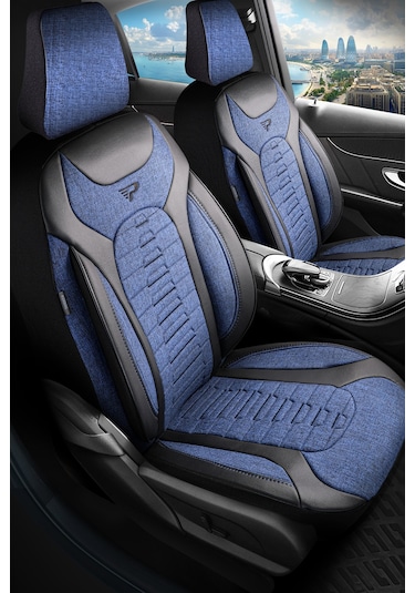 Mavi - Siyah Panda Bakü Serısı Keten Kumaş Oto Koltuk Kılıfı - Tam Set