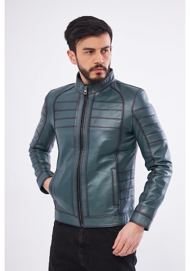 Derinss Der224 Hakiki Deri Erkek Yeşil Mont 001