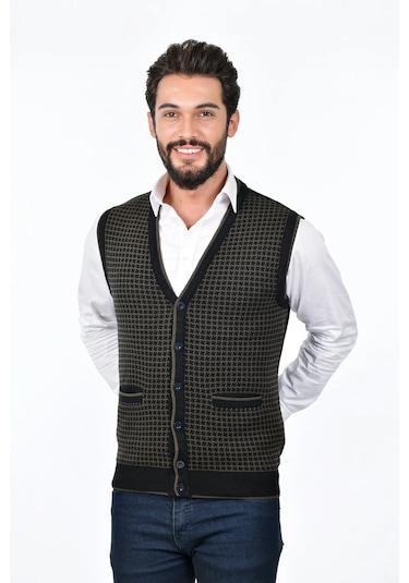 Kamalı Siyah Erkek Çelik Örgü Düğmeli Cepli Kazayağı Desen Tüylenmeyen Triko Kışlık Kazak Yelek Siyah