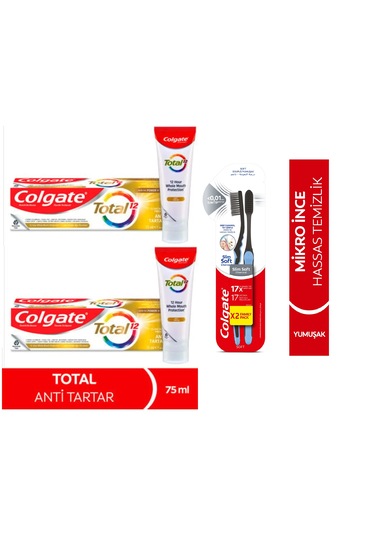 Colgate Anti Tartar Diş Macunu 2 x 75 ML + Mikro Ince Advanced Manuel Diş Fırçası 2'li