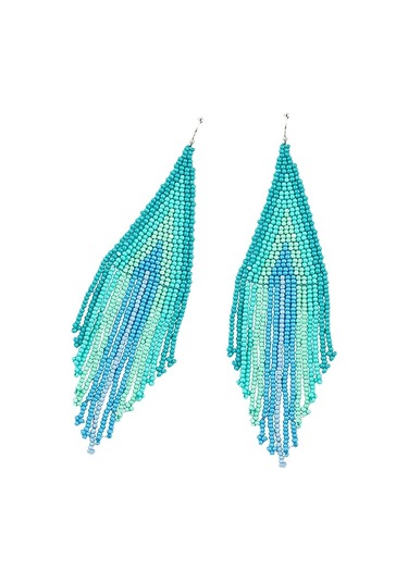 Uzun Boncuklu Püskül Küpeler - Çizgili Bohem Saçaklı Sarkan Küpe Mavi