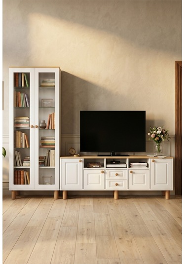 Life Tv Ünitesi Ve Kitaplık Seti %100 Mdf Beyaz - Meşe